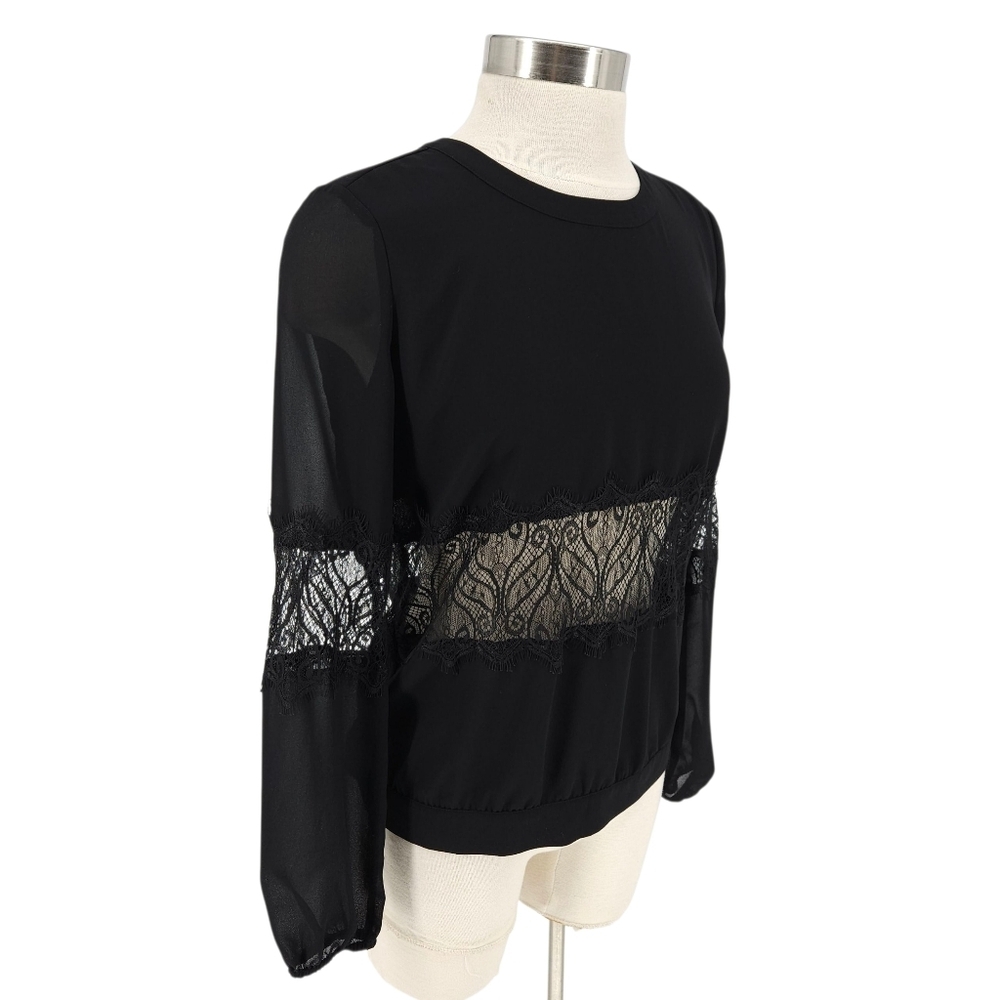 GUESS Blouse Black Sheer Lace Panel Long Sleeve Sexy Keyhole Back Top XS - Picture 2 of 6
